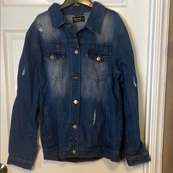 Classic Blue Denim Jacket with Distressed Look - Picture 1 of 5